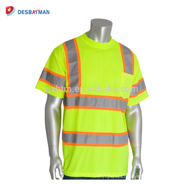 Mejores ventas Hi-Vis Yellow Work T-shirts 100% poliéster Birdseye Mesh Round Collar Safety Tees Con 2 tonos Tonos reflectantes